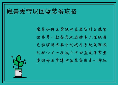 魔兽丢雪球回蓝装备攻略
